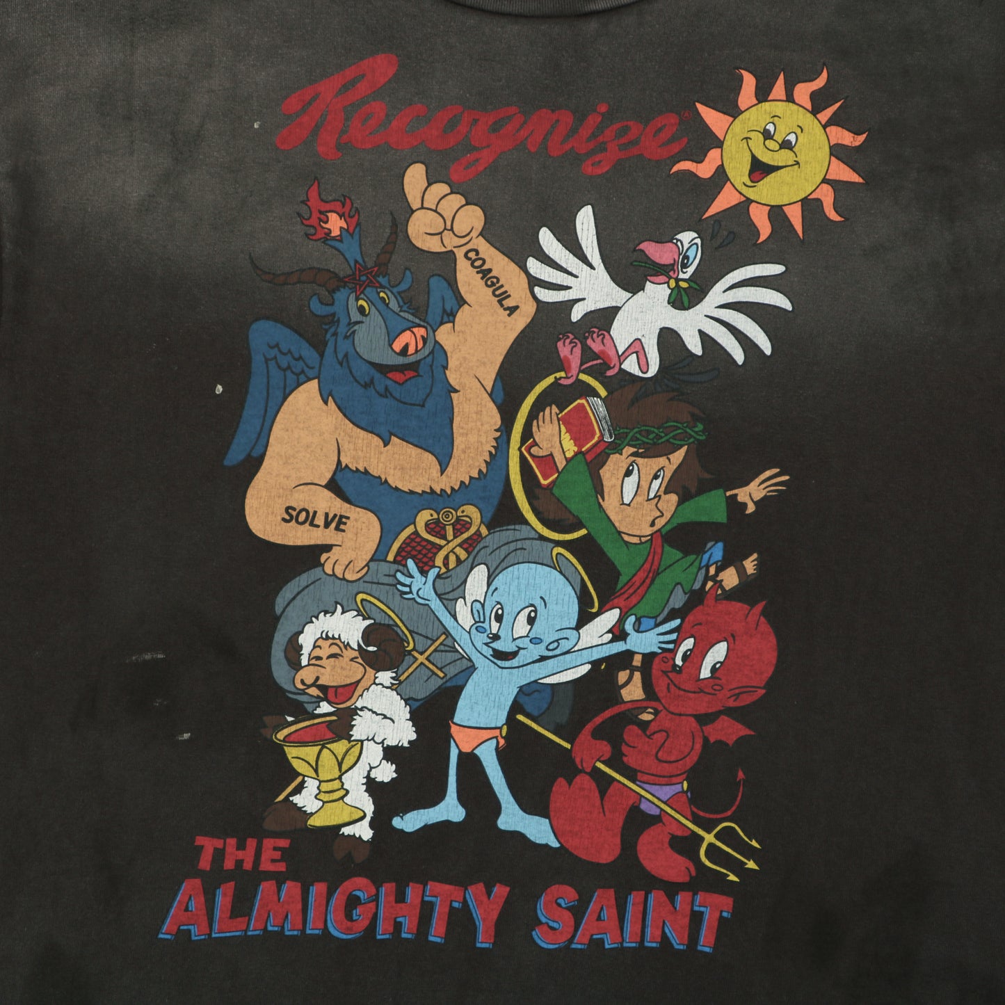 Saint Michael "The Almighty Saint" Retro Cartoon Graphic T-Shirt – Washed Black