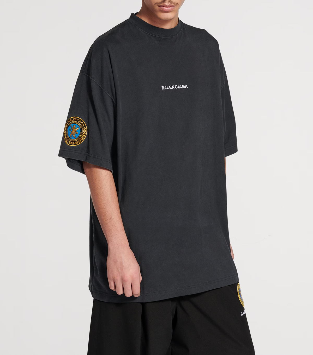 Balenciaga Uniform Crest Logo T-Shirt – Charcoal Oversized Cotton