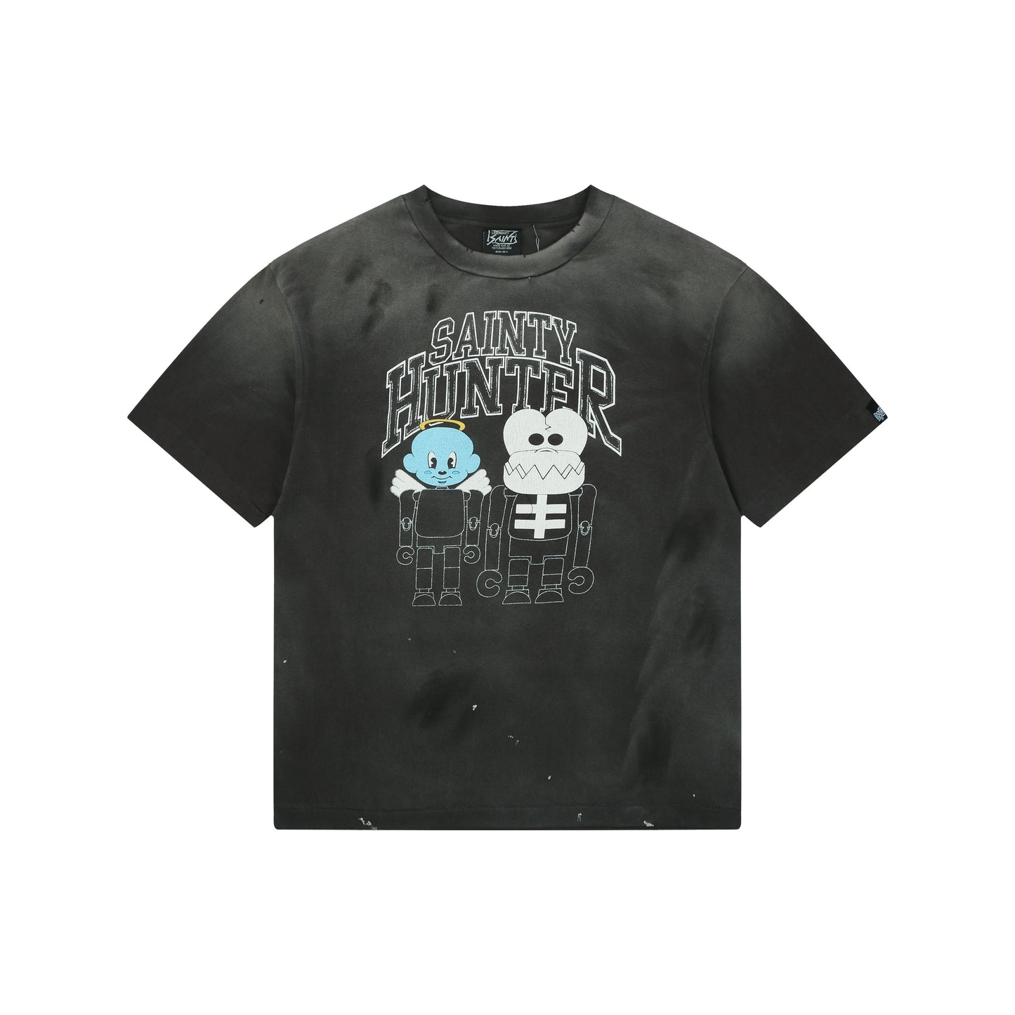 Saint Michael × Bounty Hunter "Sainty Hunter" Angel & Skeleton Duo Graphic T-Shirt – Washed Black