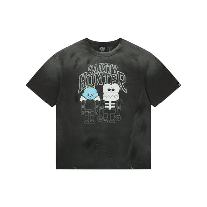 Saint Michael × Bounty Hunter "Sainty Hunter" Angel & Skeleton Duo Graphic T-Shirt – Washed Black