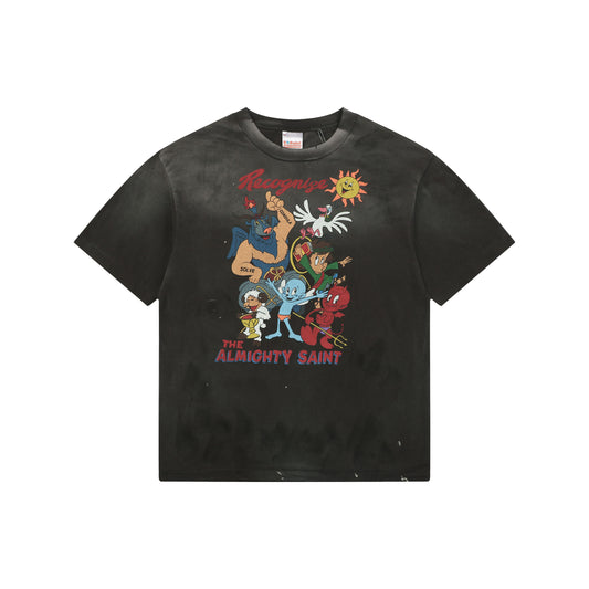 Saint Michael "The Almighty Saint" Retro Cartoon Graphic T-Shirt – Washed Black