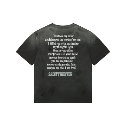 Saint Michael × Bounty Hunter "Sainty Hunter" Angel & Skeleton Duo Graphic T-Shirt – Washed Black
