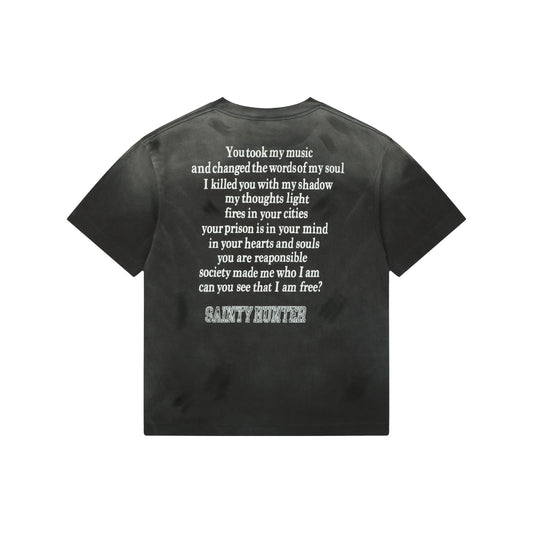 Saint Michael × Bounty Hunter "Sainty Hunter" Angel & Skeleton Duo Graphic T-Shirt – Washed Black