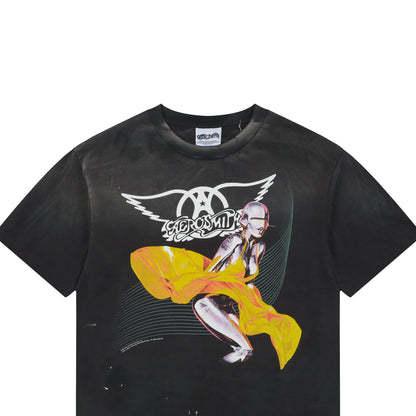 Saint Michael Aerosmith Paint-Splattered Graphic T-Shirt – Vintage Black