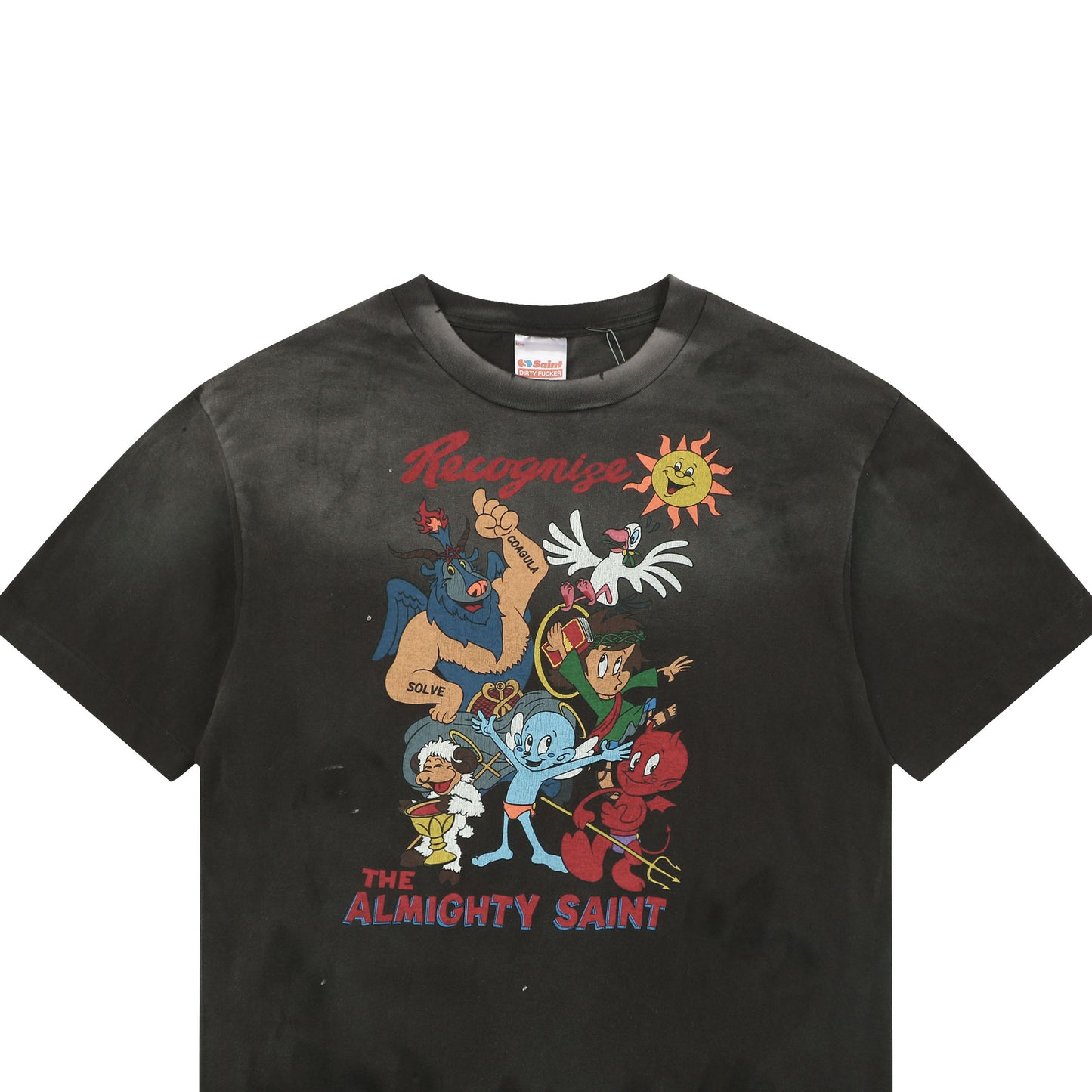 Saint Michael "The Almighty Saint" Retro Cartoon Graphic T-Shirt – Washed Black