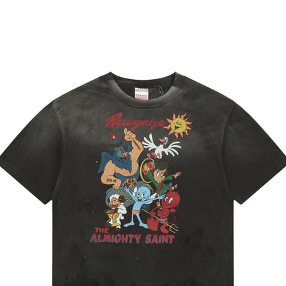 Saint Michael "The Almighty Saint" Retro Cartoon Graphic T-Shirt – Washed Black