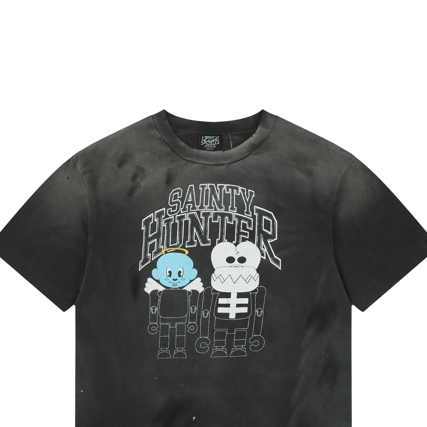 Saint Michael × Bounty Hunter "Sainty Hunter" Angel & Skeleton Duo Graphic T-Shirt – Washed Black