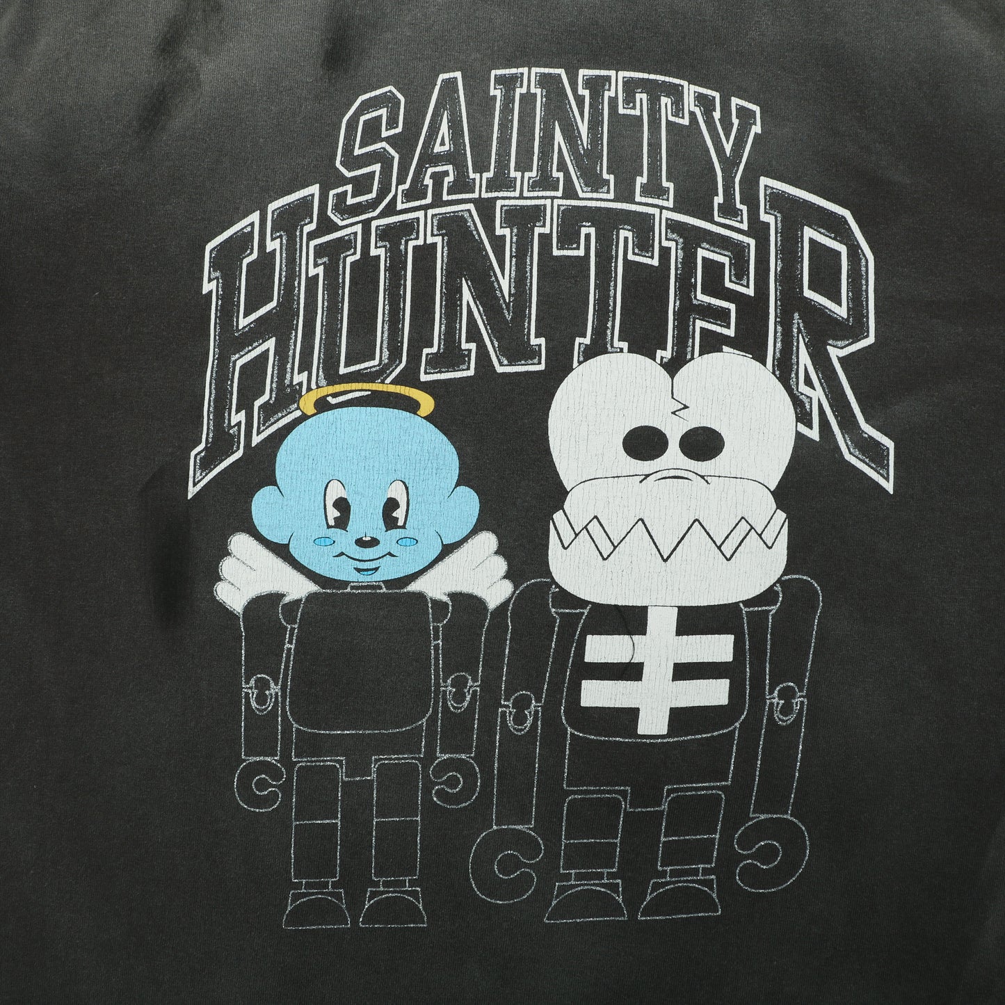 Saint Michael × Bounty Hunter "Sainty Hunter" Angel & Skeleton Duo Graphic T-Shirt – Washed Black