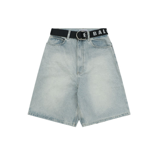 Balenciaga Logo Belt Denim Bermuda Shorts