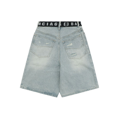Balenciaga Logo Belt Denim Bermuda Shorts