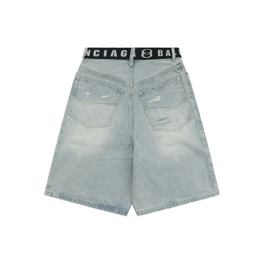Balenciaga Logo Belt Denim Bermuda Shorts