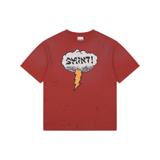 Saint Michael "SAINT!" Cloud & Lightning Bolt Graphic T-Shirt – Washed Red