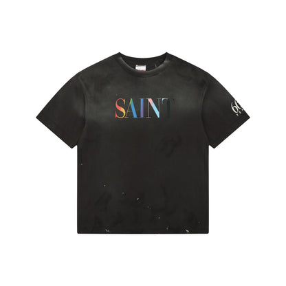 Saint Michael Rainbow Logo Distressed T-Shirt – Washed Black