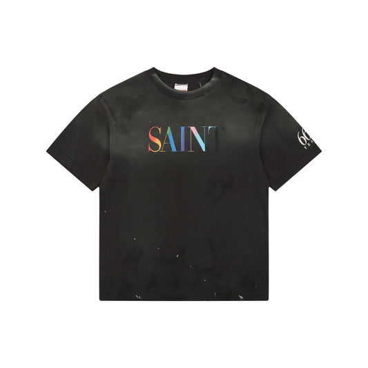 Saint Michael Rainbow Logo Distressed T-Shirt – Washed Black