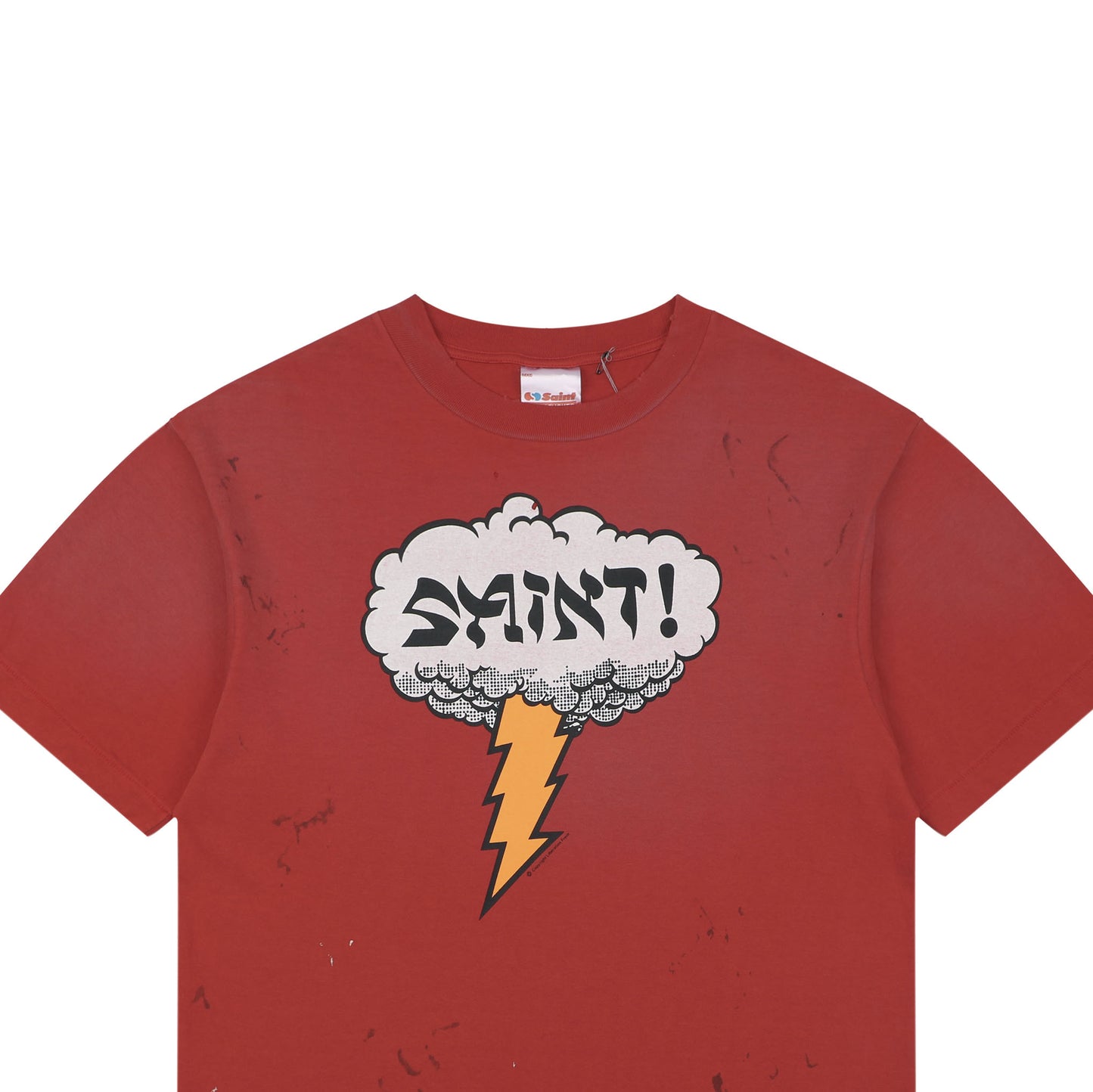 Saint Michael "SAINT!" Cloud & Lightning Bolt Graphic T-Shirt – Washed Red