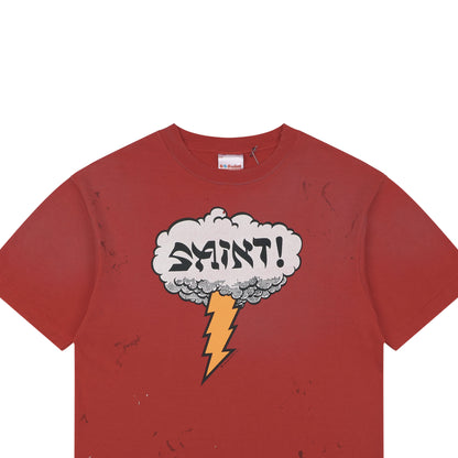 Saint Michael "SAINT!" Cloud & Lightning Bolt Graphic T-Shirt – Washed Red