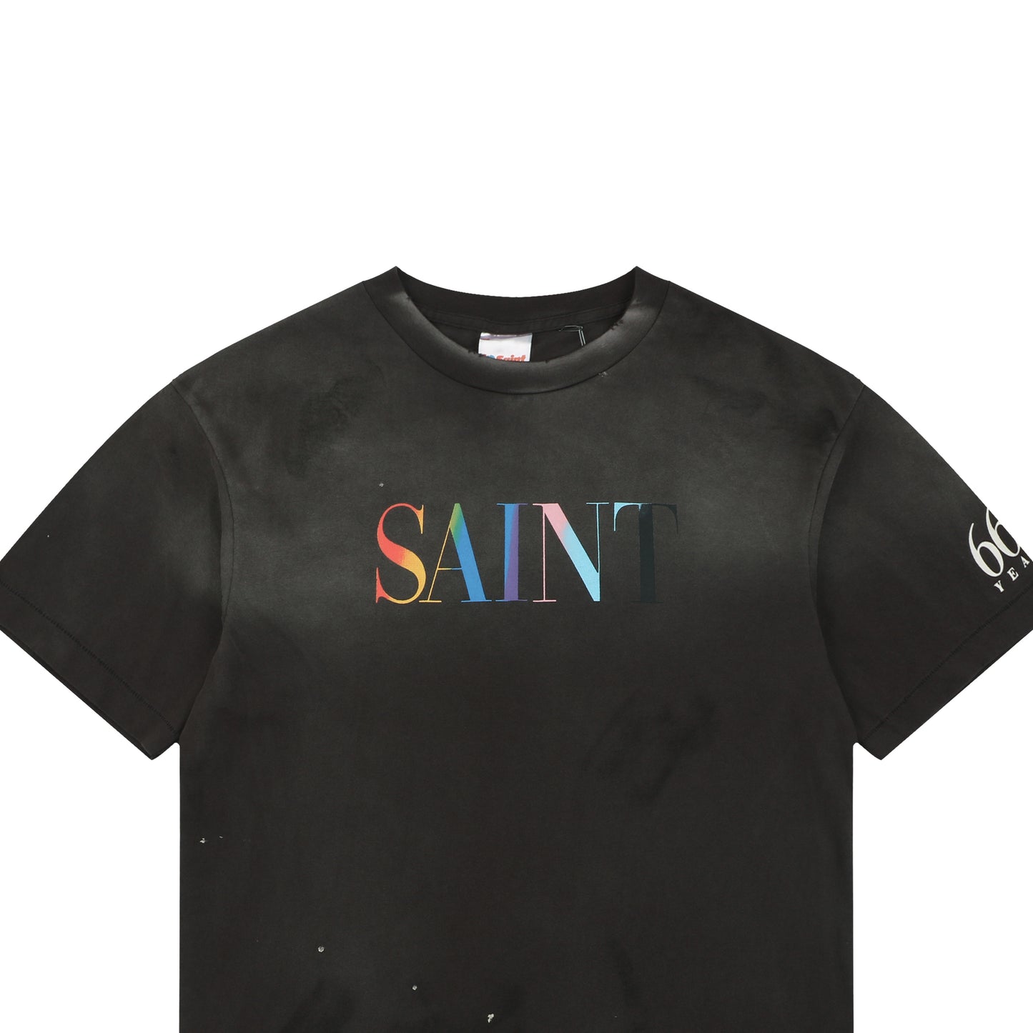 Saint Michael Rainbow Logo Distressed T-Shirt – Washed Black